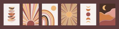 Minimalist geometrik duvar dekorları seti. Modern bohem estetik iç mimarisi için soyut posterler. Çağdaş basılabilir sanat eserleri. Güneş, Ay ve gökkuşağı. El çizimi vektör illüstrasyonu.