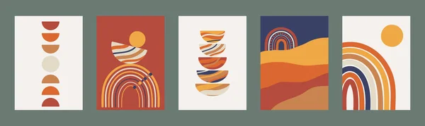 Minimalist geometrik duvar dekorları seti. Modern bohem estetik iç mimarisi için soyut posterler. Çağdaş basılabilir sanat eserleri. Güneş, Ay ve gökkuşağı. El çizimi vektör illüstrasyonu.