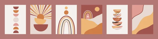 一套简约的几何布荷墙装饰印刷品 现代波希米亚审美内部的抽象海报 当代可打印艺术品 月亮和彩虹手绘矢量图解 — 图库矢量图片