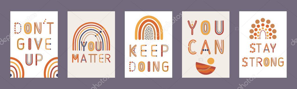 Set of boho wall decor prints with rainbow letters. Encouragement and support cards. Bohemian printable artwork. Set of rainbows. Hand drawn vector illustration.