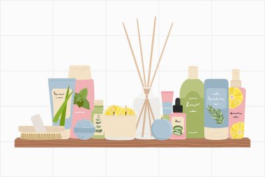 Cilt bakımı, aroma yayıcı ve mumlar için güzellik ürünleri içeren kompozisyonlar. Spa konsepti, kişisel bakım ritüeli, ev tedavisi ve sağlık yaşam tarzı. El çizimi vektör illüstrasyonu.