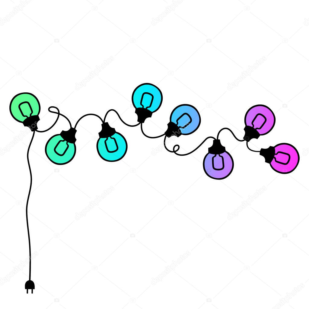 multicolored festive garland of light bulbs on a cord with a plug