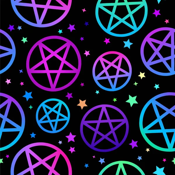Seamless Pattern Neon Pentagrams Black Background — Stock Vector