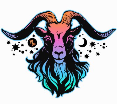 Kozmik güdüleri olan parlak renkli bir palette keçi kafası