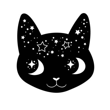 Tatlı çizgi film cadılığı madalyalı kedi kafası.