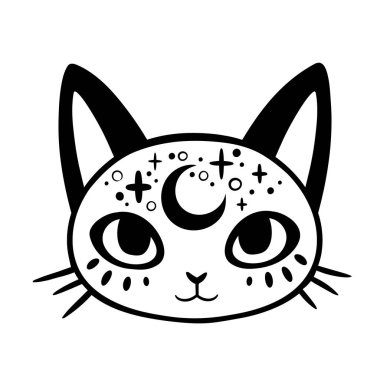 Tatlı çizgi film cadılığı madalyalı kedi kafası.