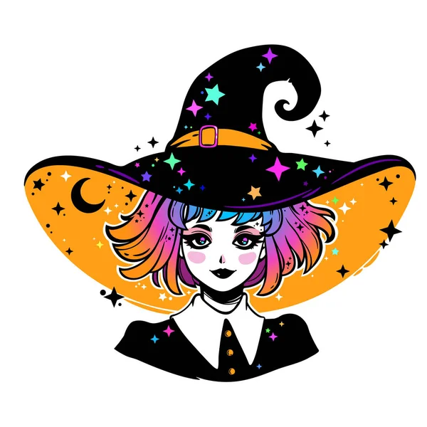 Beautiful Witch Classic Hat Colored Hair — Stock Vector