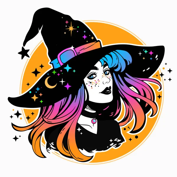 Schöne Hexe Mit Klassischem Hut Und Gefärbtem Haar — Stockvektor