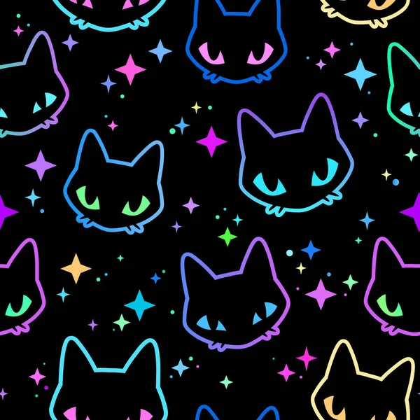 Naadloos Van Kleurrijke Neon Kattenkoppen — Stockvector