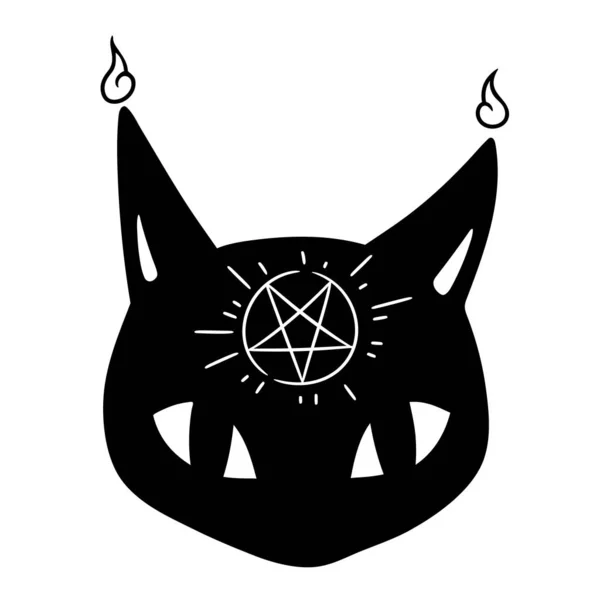 Head Black Cartoon Cat Pentagram Its Forehead — Stock Vector