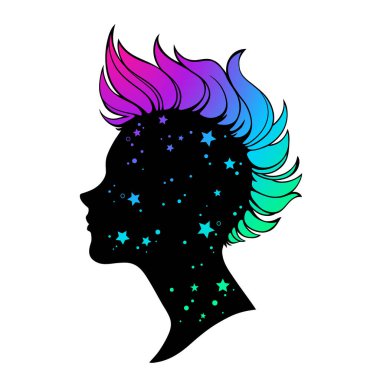 Parlak bir mohawk saç stili olan bir kadının silueti.