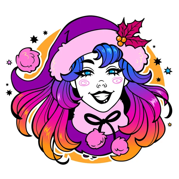 Chica Feliz Con Una Amplia Sonrisa Con Sombrero Navidad — Vector de stock