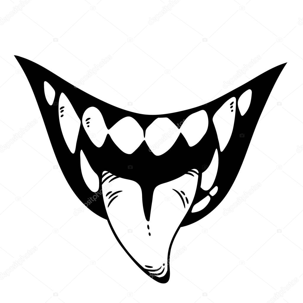 Mouth of a monster with protruding tongue and fangs