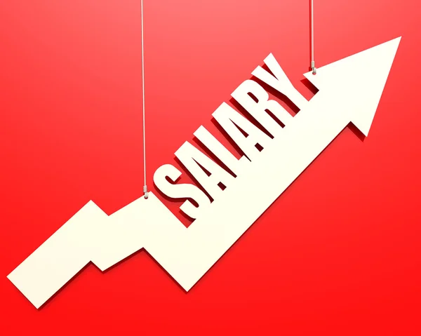 White arrow with salary word hang on red background — Stock Photo, Image