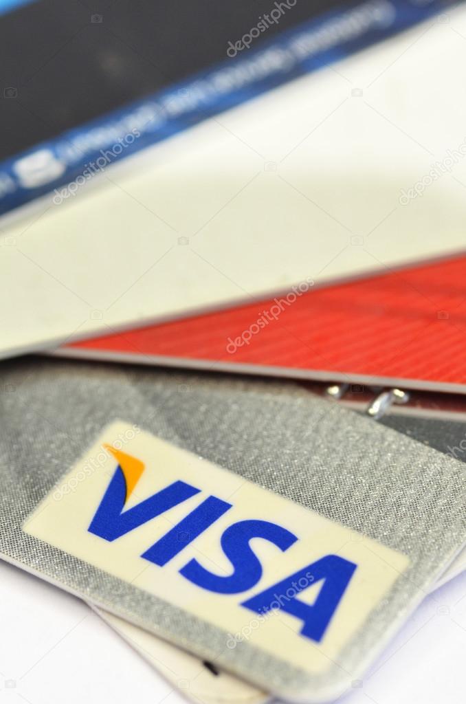SINGAPORE - 02 MAY 2016 : Close up of credit cards ,VISA card. Product shot