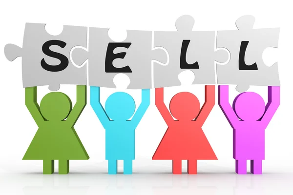 Four people hold puzzle with sell word — Stock Photo, Image