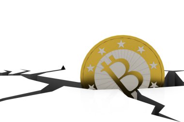 Çatlak zemin ve bitcoin izole, 3D görüntüleme