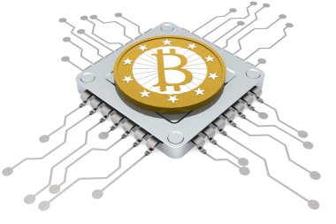 Bilgisayar çipi ve altın Bitcoin izole edilmiş, 3D görüntüleme
