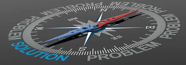 Solution word on compass with blue and red needle, 3D rendering