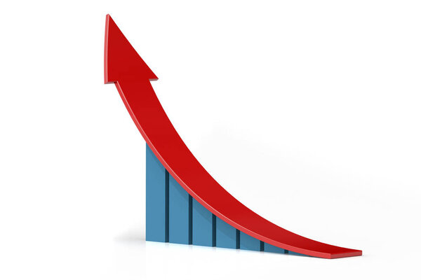 Bar chart with growing up arrow , 3d rendering