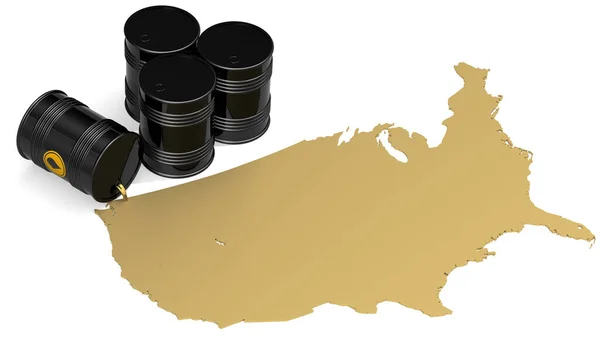Black Cruel Oil Barrels Golden Usa Map Rendering — Stock Photo, Image