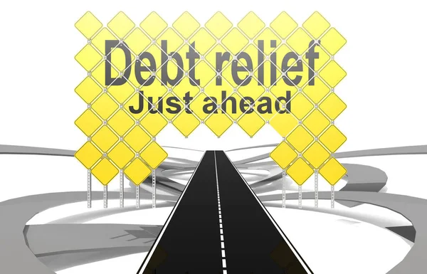 Debt Relief Just Ahead Word Giant Yellow Road Signs Rendering — Stock Photo, Image