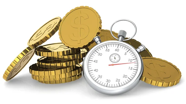 Stopwatch Met Stapel Gouden Munten Rendering — Stockfoto