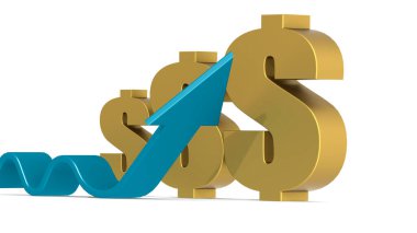 Mavi ok ve altın dolar işareti, 3D görüntüleme.