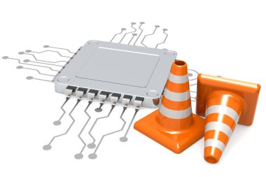 Bilgisayar çipi ve trafik konileri izole edildi, 3 boyutlu görüntüleme