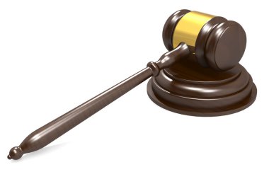 Gavel ve ses bloğu beyaz arkaplanda izole edildi, 3 boyutlu görüntüleme