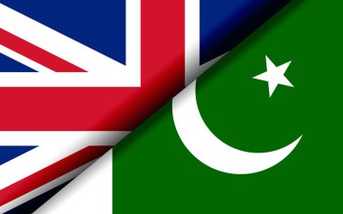 Birleşik Krallık ve Pakistan bayrakları çapraz olarak bölündü. 3B görüntüleme