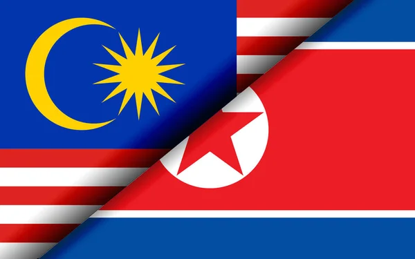 Flaggor Malaysia Och Nordkorea Delas Diagonalt Rendering — Stockfoto