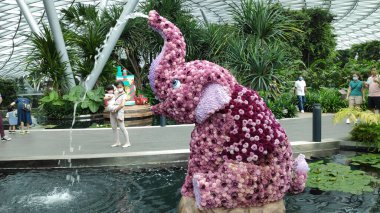 Singapur - 31 Aralık 20120: Jewel Changi Havaalanı 'ndaki Topiary Yürüyüşü' nde bulunan fil heykeli. Singapur 'daki tepe örtüsü parkı eğlenceli ve kaygısız bir şekilde rahatlamak isteyenler için mükemmeldir..