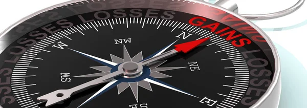 Compass Needle Pointing Word Gains Rendering — Stock Photo, Image