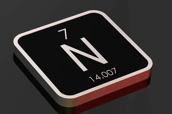 Nitrogen element from periodic table on black square block, 3D rendering