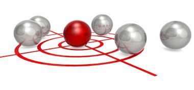 Hedefin merkezinde kırmızı metal top, 3 boyutlu görüntüleme