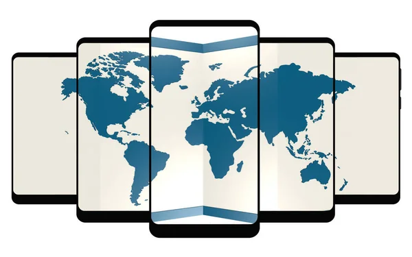 World Map Screen Smart Phone Rendering — Stock Photo, Image