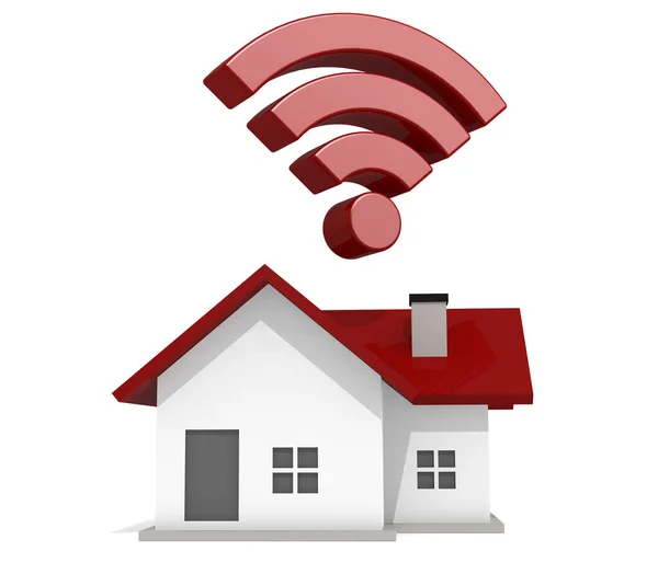 Casa Con Señal Wifi Aislada Con Fondo Blanco Renderizado — Foto de Stock