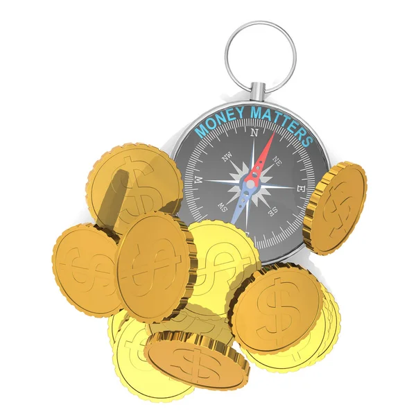 Money Matters Concept Compass Gold Coins Rendering — Stock Photo, Image