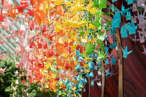 Singapore Sep 2021 Colorful Paper Origami Birds Tied Strings Hanging — Stock Photo, Image