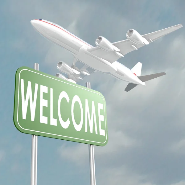 Welcome sign with airplane — Stock Photo, Image