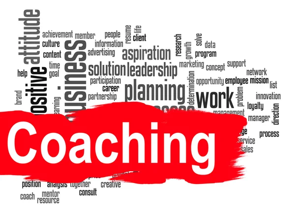 Coaching palabra nube con banner rojo — Foto de Stock