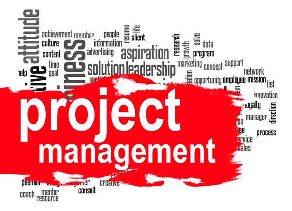 Project management word cloud con banner rosso — Foto Stock