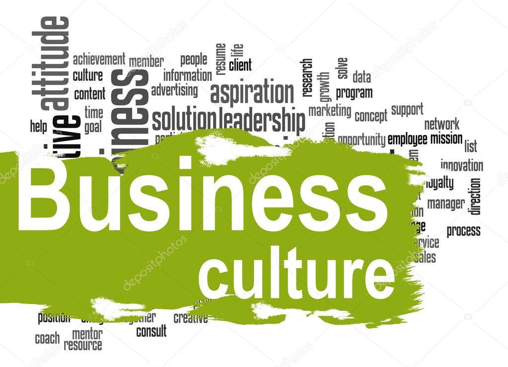 Business culture word cloud with green banner