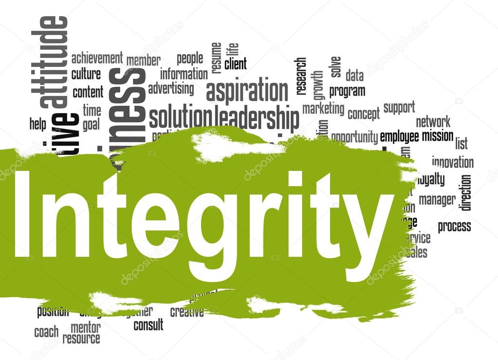 Integrity word cloud with green banner