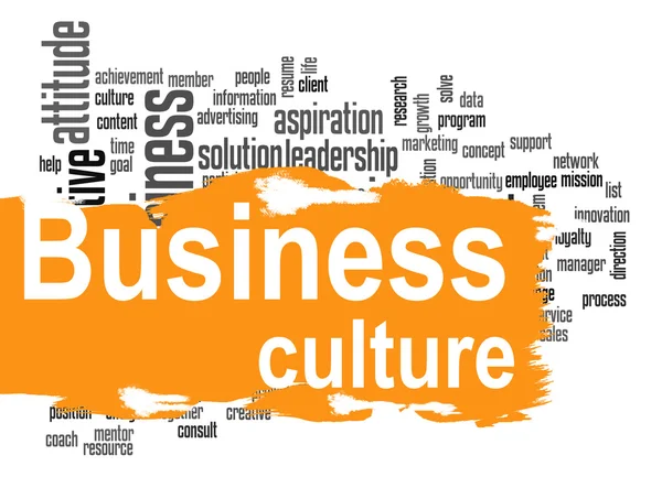 Business culture word cloud with yellow banner — Stock Photo, Image