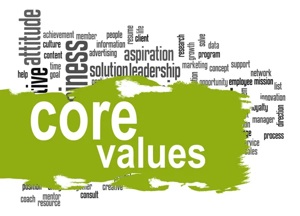 Core values word cloud with green banner — Stock Photo, Image