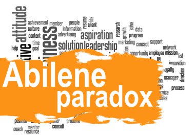 Abilene Paradox word cloud with orange banner clipart