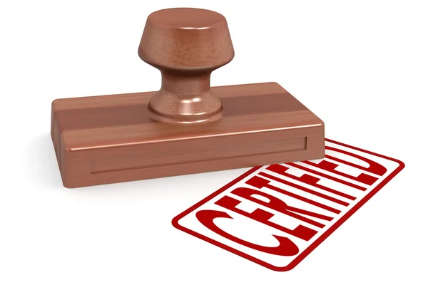 Wooden stamp certified with red text — Stock Photo, Image