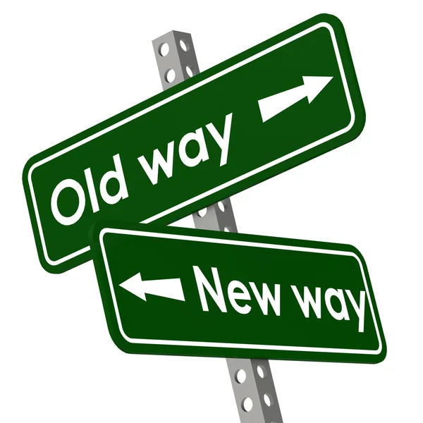 New way and old way road sign in green color — 图库照片